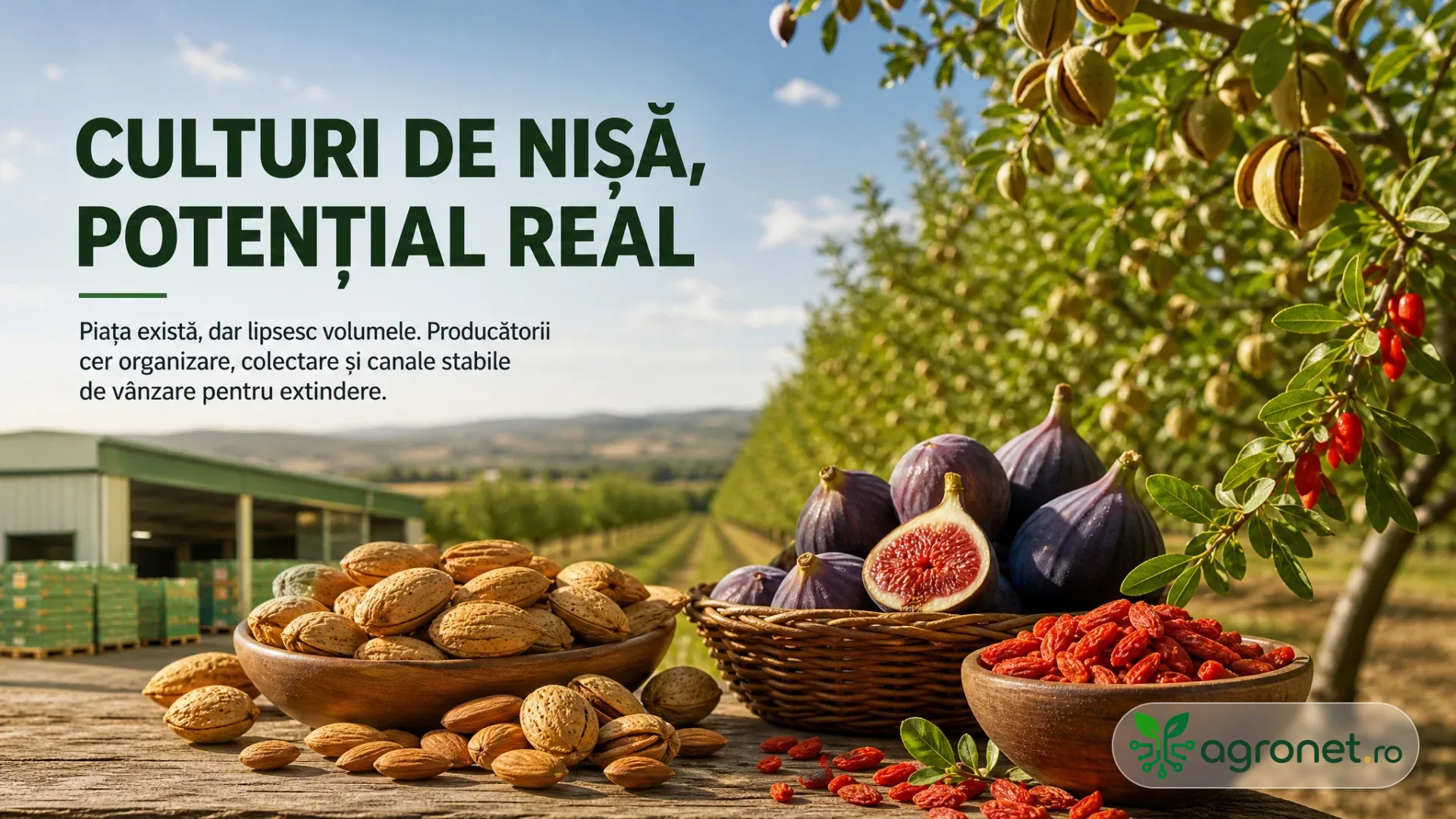 Masă cu migdale, smochine și goji lângă o livadă, cu spațiu de depozitare în fundal.