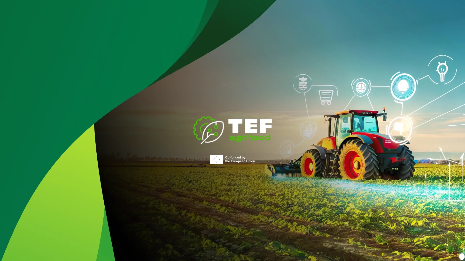 Tractor lucrând pe un câmp, cu pictograme digitale suprapuse pentru tehnologii agricole conectate.