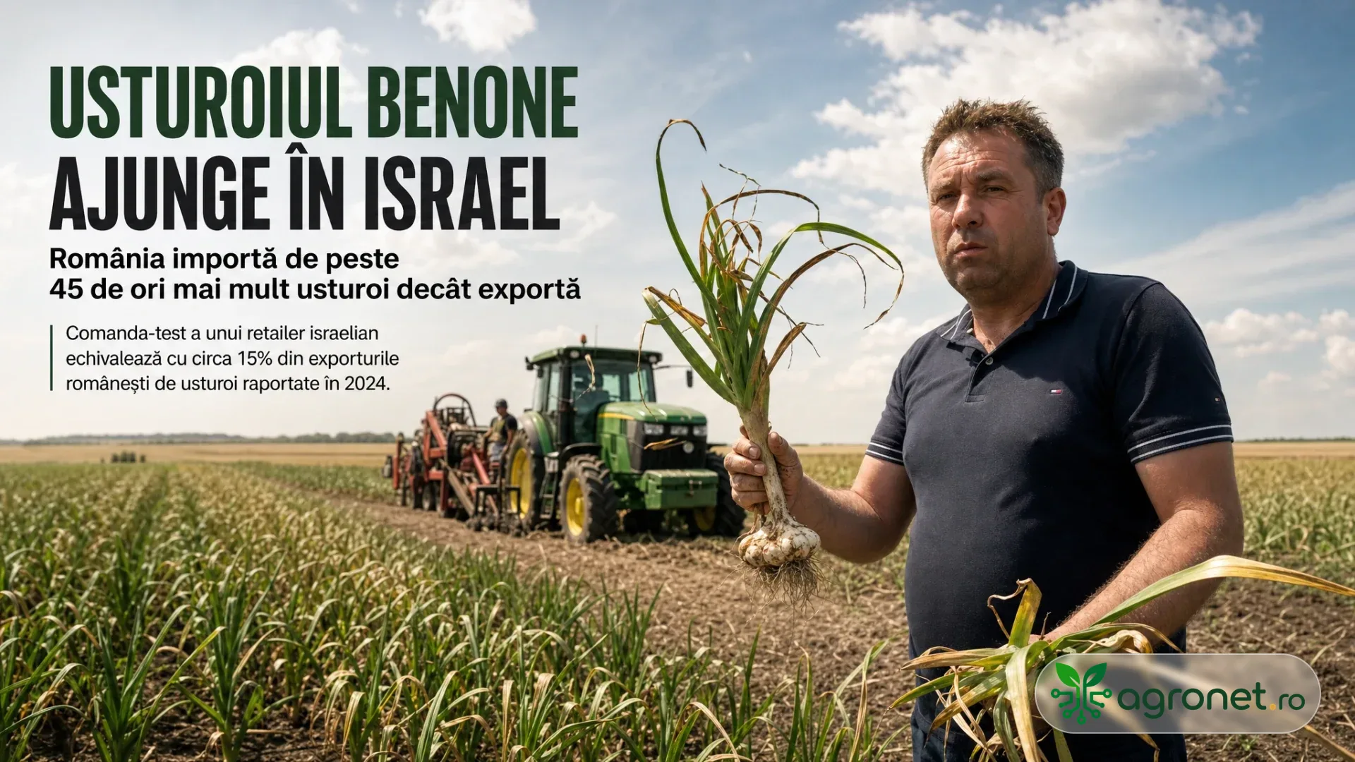 Un bărbat ține în mână căpățâni de usturoi pe un câmp cultivat, cu un tractor în fundal.