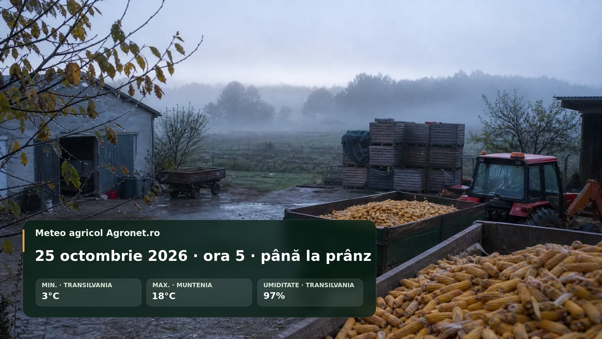 Câmp agricol de toamnă acoperit de ceață ușoară la începutul dimineții