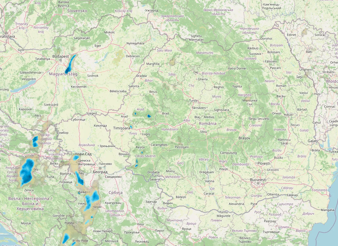 Hartă radar RainViewer cu precipitațiile din România pentru buletinul Meteo agricol România de la ora 05:00.