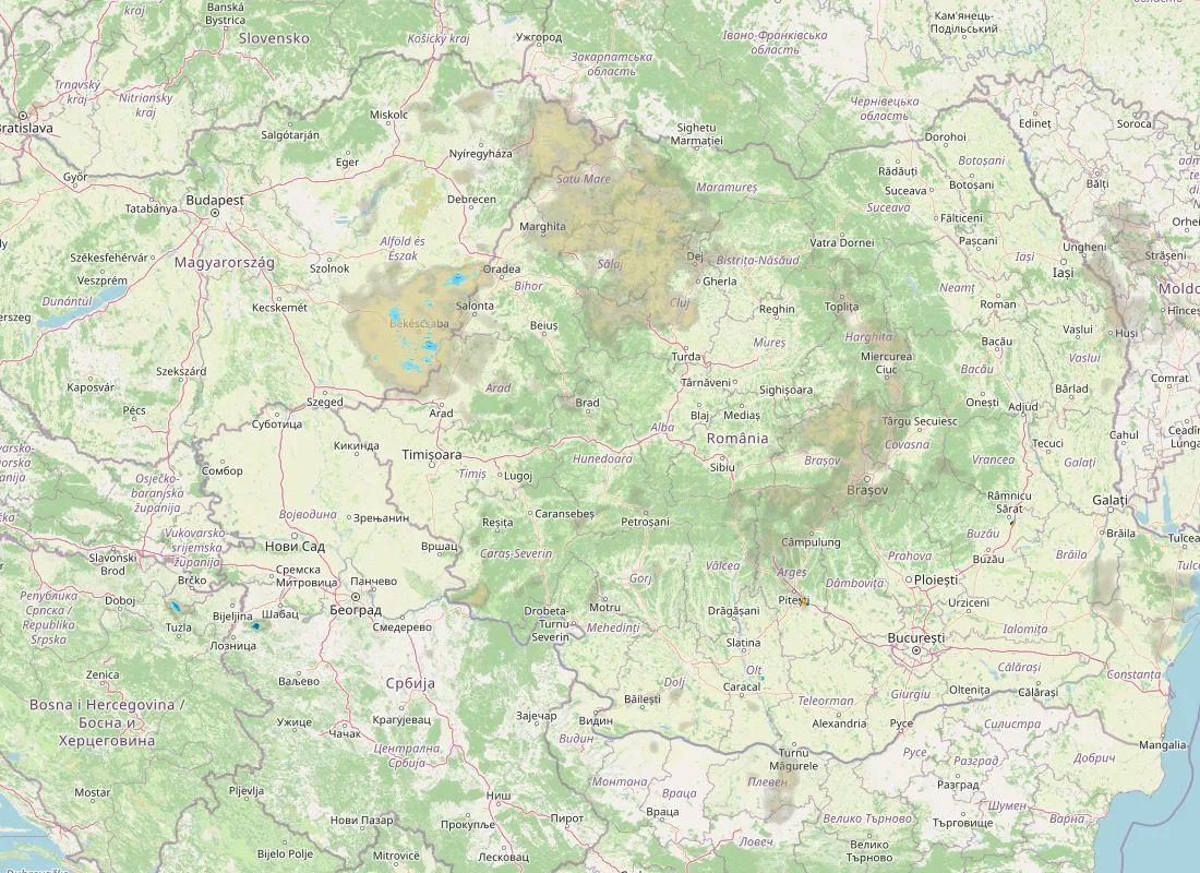Hartă radar RainViewer cu precipitațiile din România pentru buletinul Meteo agricol România de la ora 05:00.