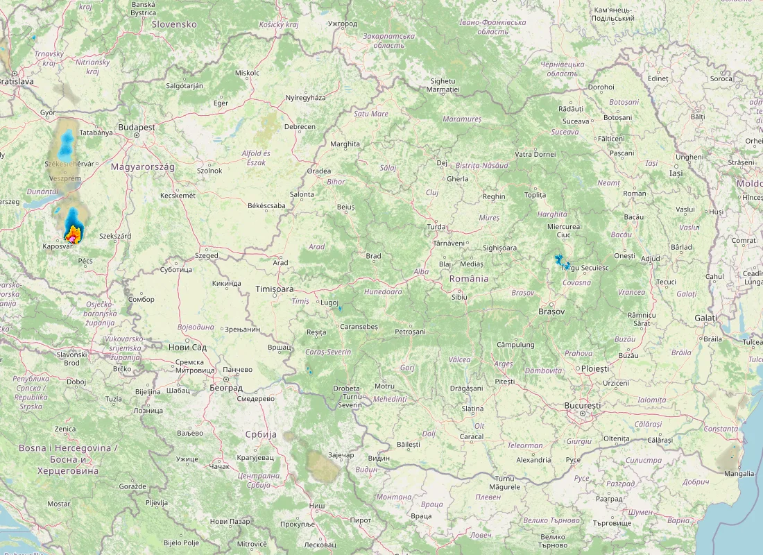 Hartă radar RainViewer cu precipitațiile din România pentru buletinul Meteo agricol România de la ora 18:00.