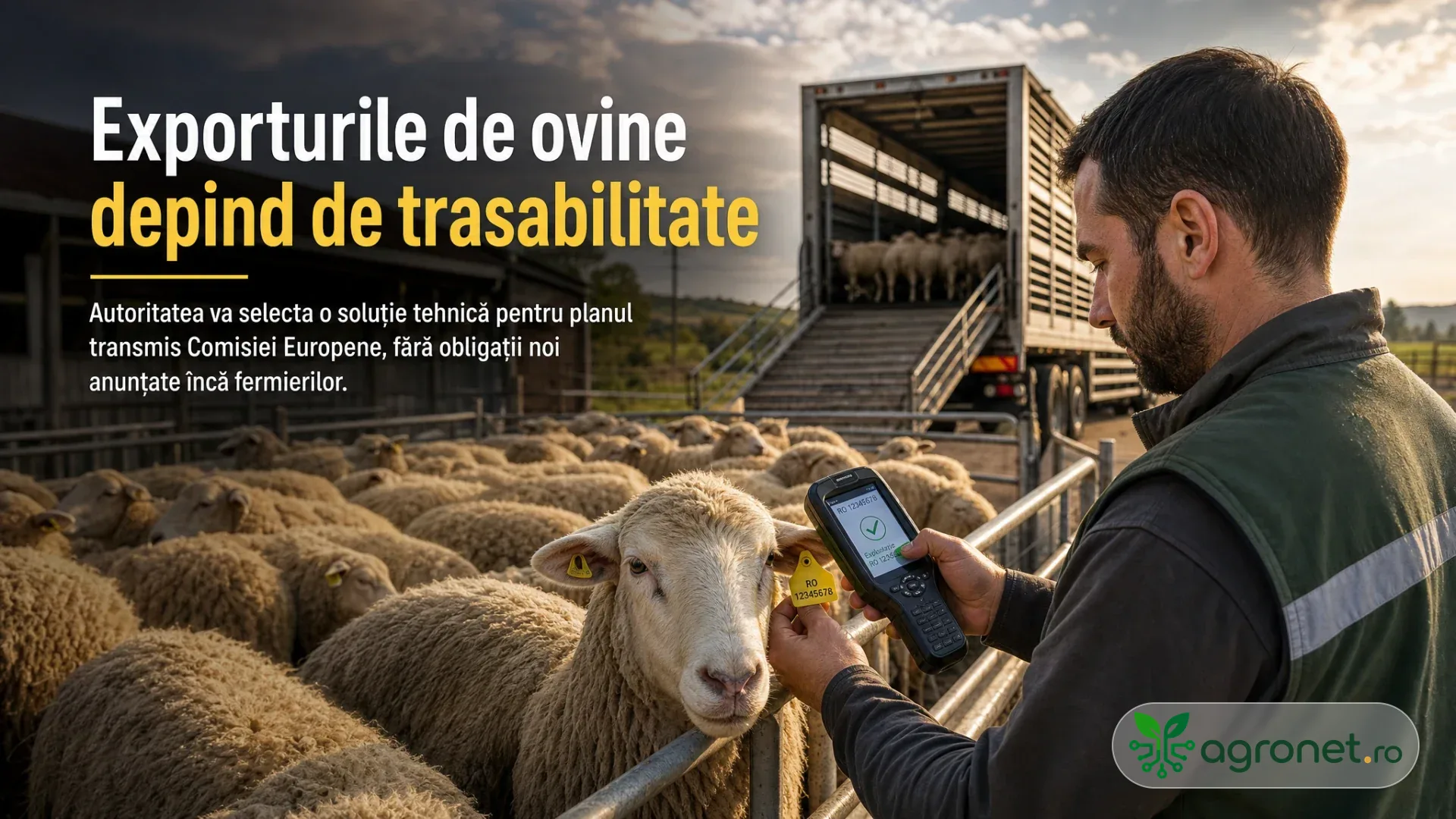 Lucrător scanează crotalia unei oi într-un țarc, lângă un camion de transport pentru animale.