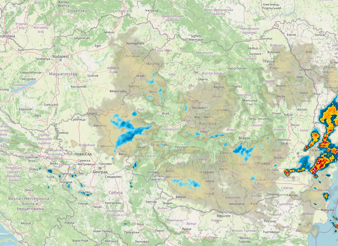 Hartă radar RainViewer cu precipitațiile din România pentru buletinul Meteo agricol România de la ora 05:00.