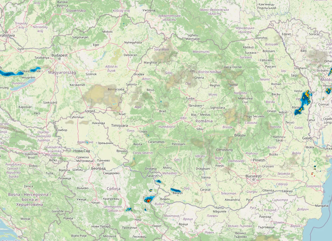 Hartă radar RainViewer cu precipitațiile din România pentru buletinul Meteo agricol România de la ora 05:00.