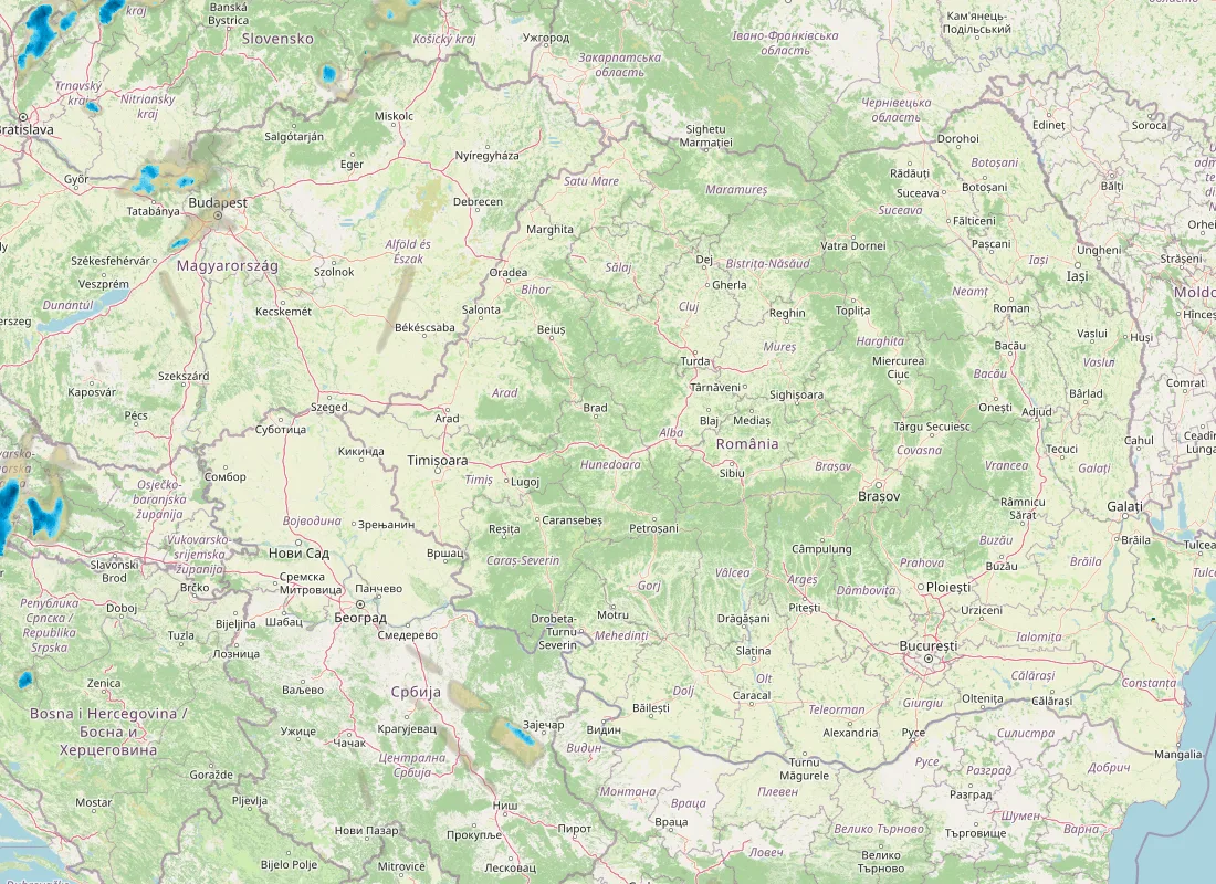 Hartă radar RainViewer cu precipitațiile din România pentru buletinul Meteo agricol România de la ora 18:00.