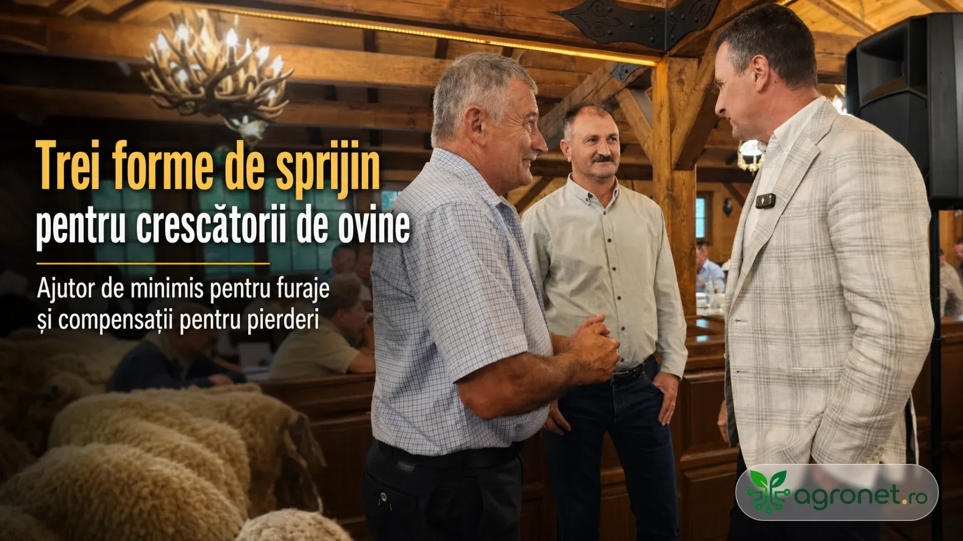 Trei bărbați discută într-o sală rustică, lângă câteva oi aflate în prim-plan.