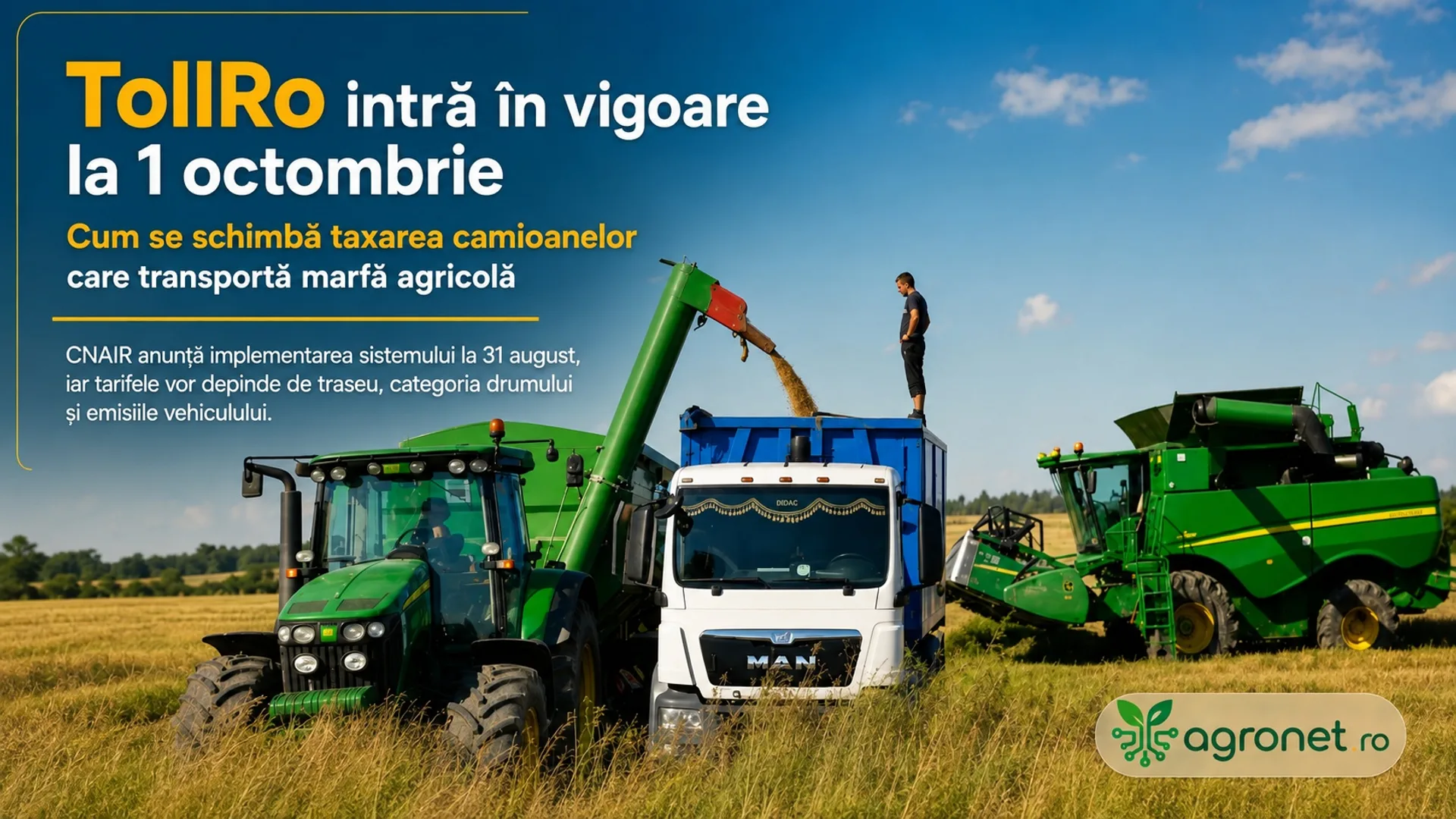 Utilaje agricole descarcă cereale într-un camion aflat pe un câmp recoltat.