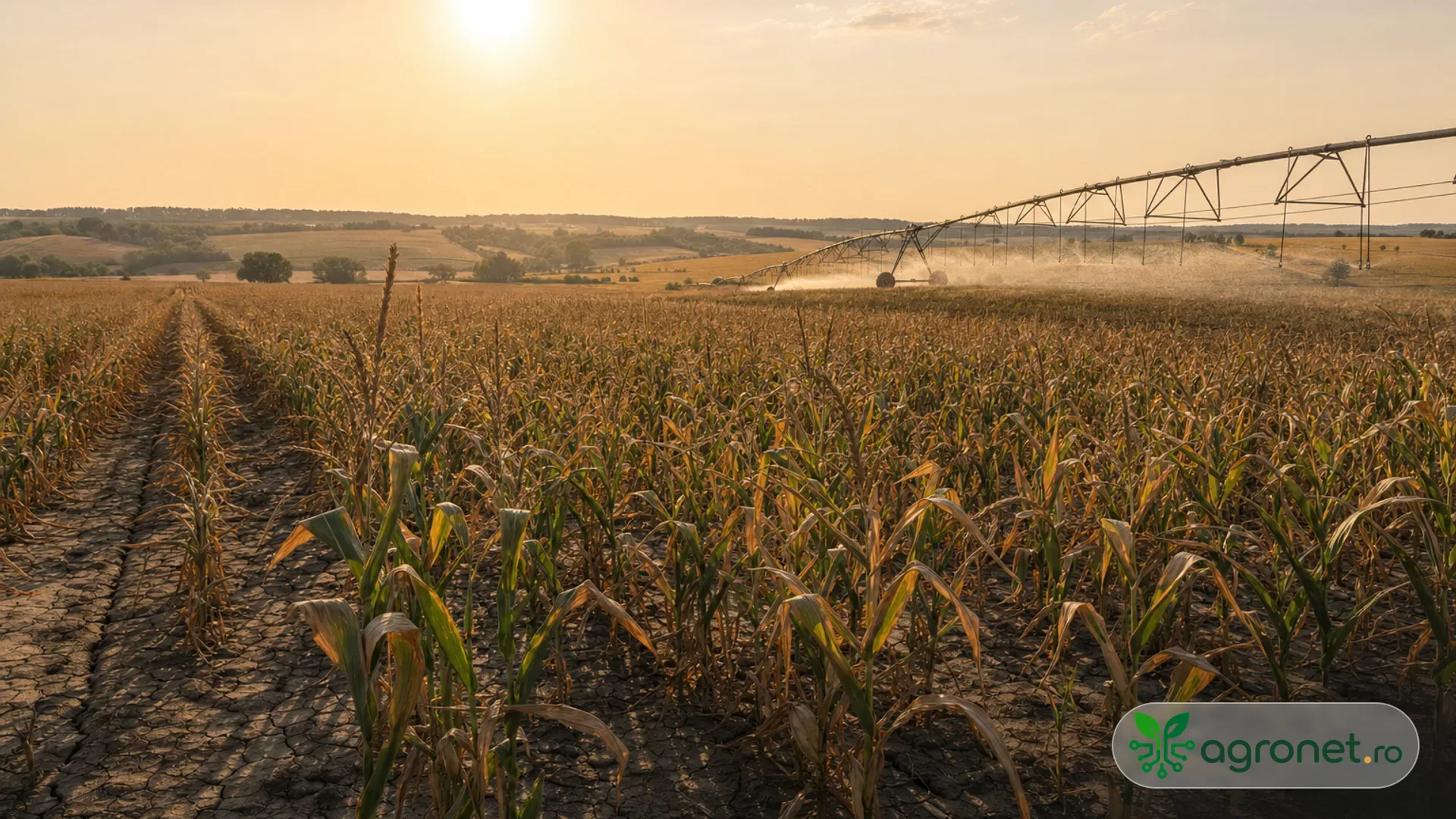 Cultură agricolă în condiții de vreme uscată, la începutul unei zile de lucru de vară.