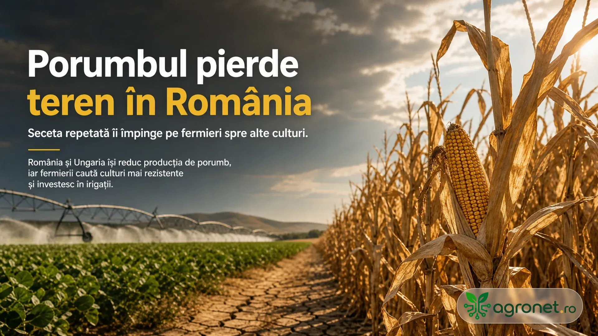 Rânduri de porumb uscat lângă o cultură verde irigată, sub un cer înnorat, cu sol crăpat între parcele.