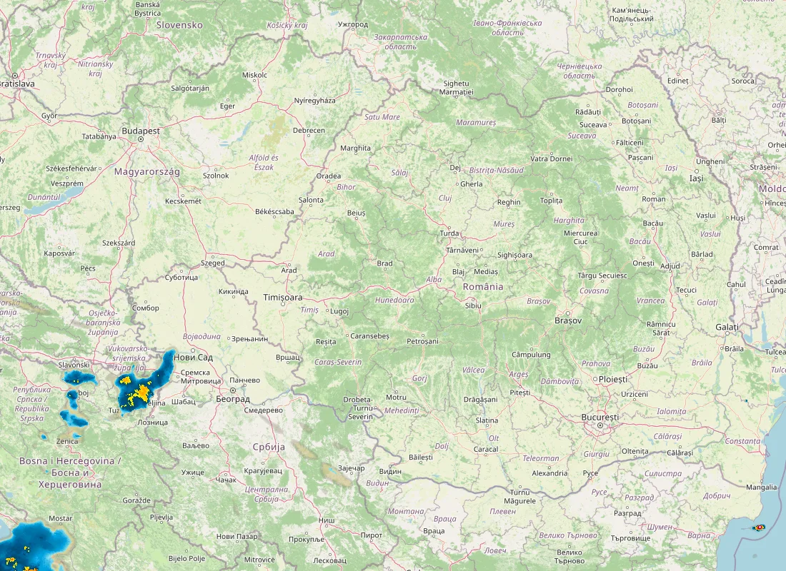 Hartă radar RainViewer cu precipitațiile din România pentru buletinul Meteo agricol România de la ora 12:00.