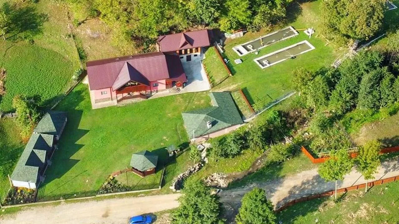 Vedere aeriană a unei gospodării rurale cu clădiri, curte și verdeață
