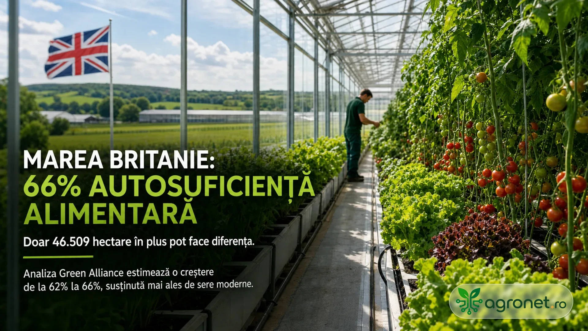 Lucrător într-o seră cu tomate și salată, lângă un steag al Marii Britanii.