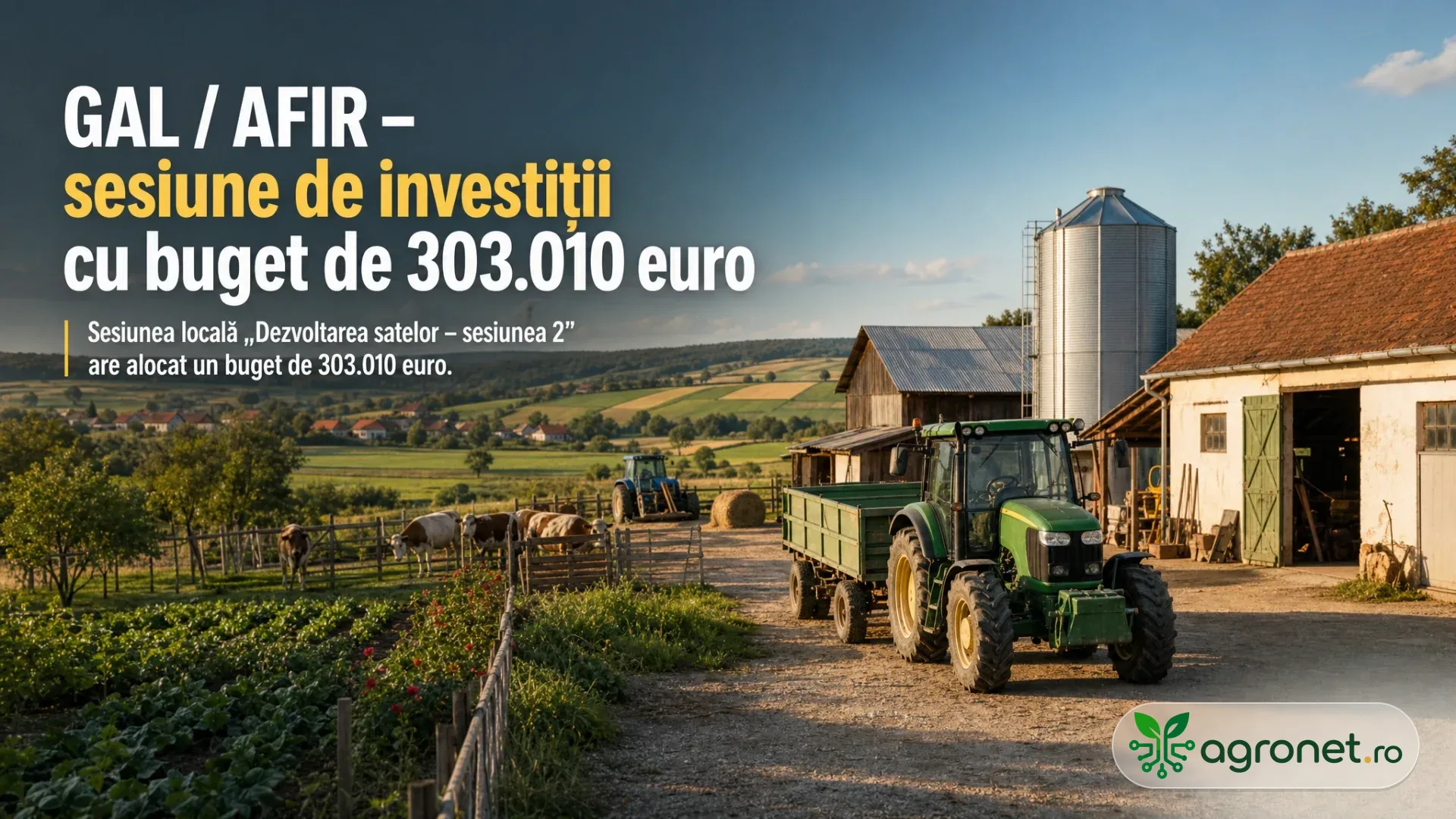 Imagine ilustrativă cu o fermă și clădiri dintr-o localitate rurală