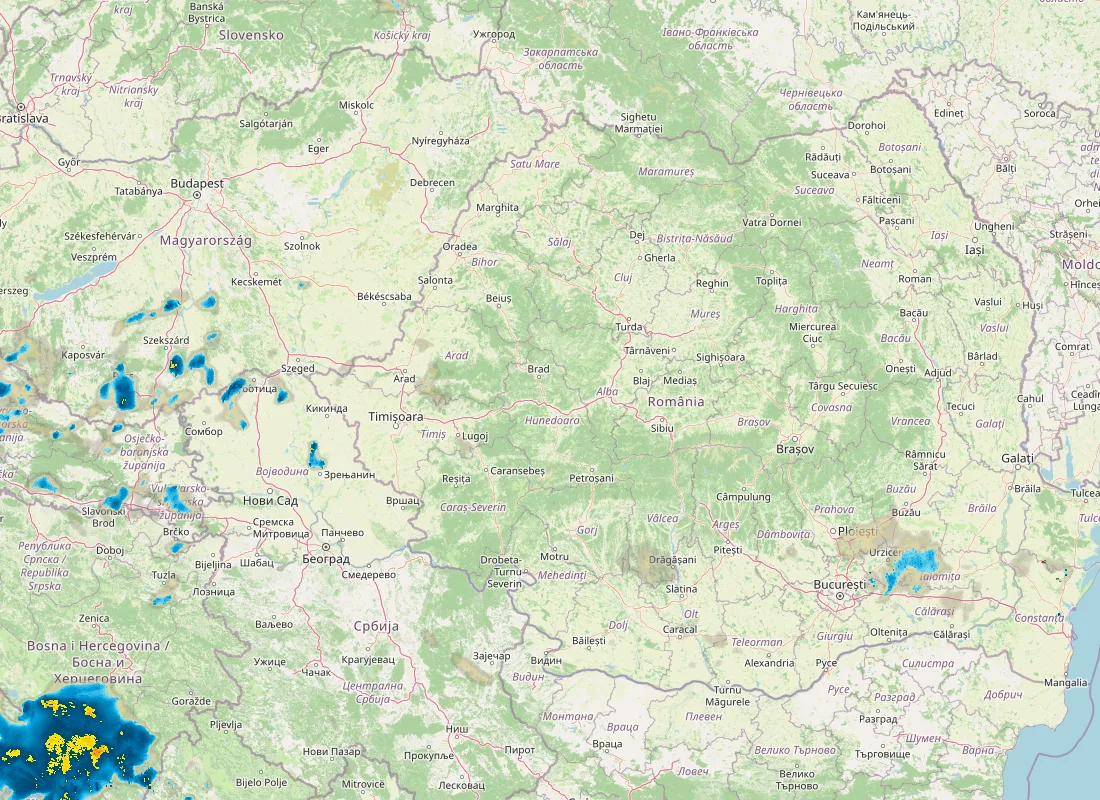 Hartă radar RainViewer cu precipitațiile din România pentru buletinul Meteo agricol România de la ora 12:00.