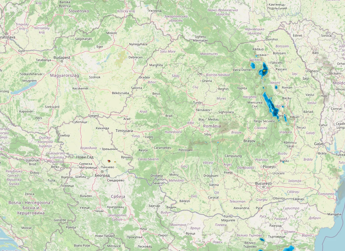 Hartă radar RainViewer cu precipitațiile din România pentru buletinul Meteo agricol România de la ora 05:00.
