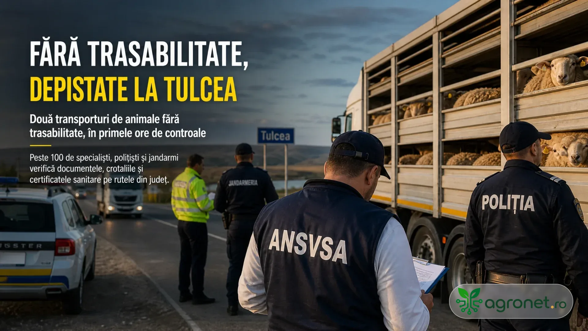 Inspectori ANSVSA și polițiști verifică un camion cu oi oprit pe marginea unui drum, lângă un indicator spre Tulcea.