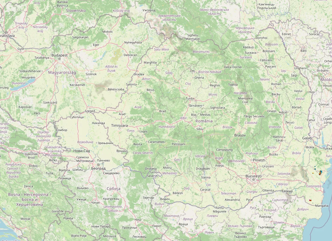 Hartă radar RainViewer cu precipitațiile din România pentru buletinul Meteo agricol România de la ora 05:00.