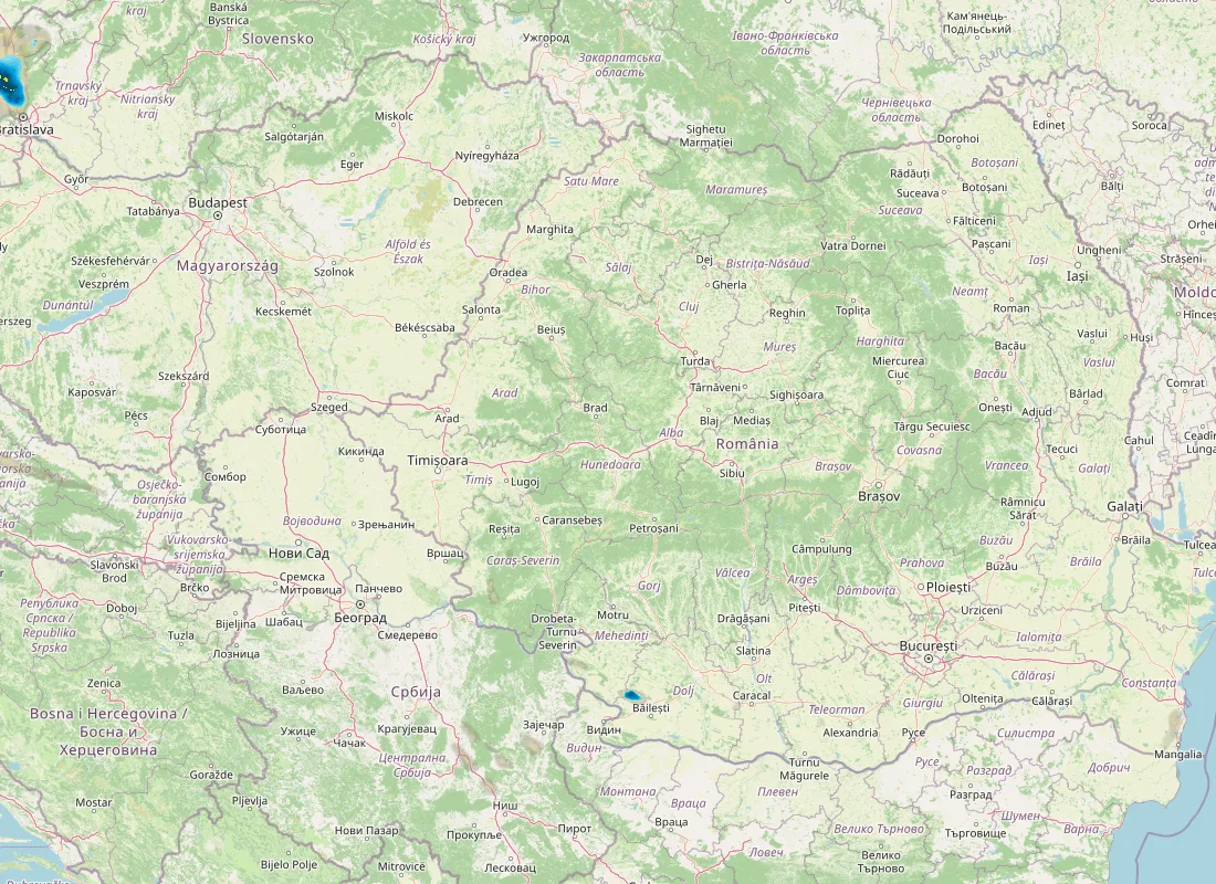 Hartă radar RainViewer cu precipitațiile din România pentru buletinul Meteo agricol România de la ora 18:00.