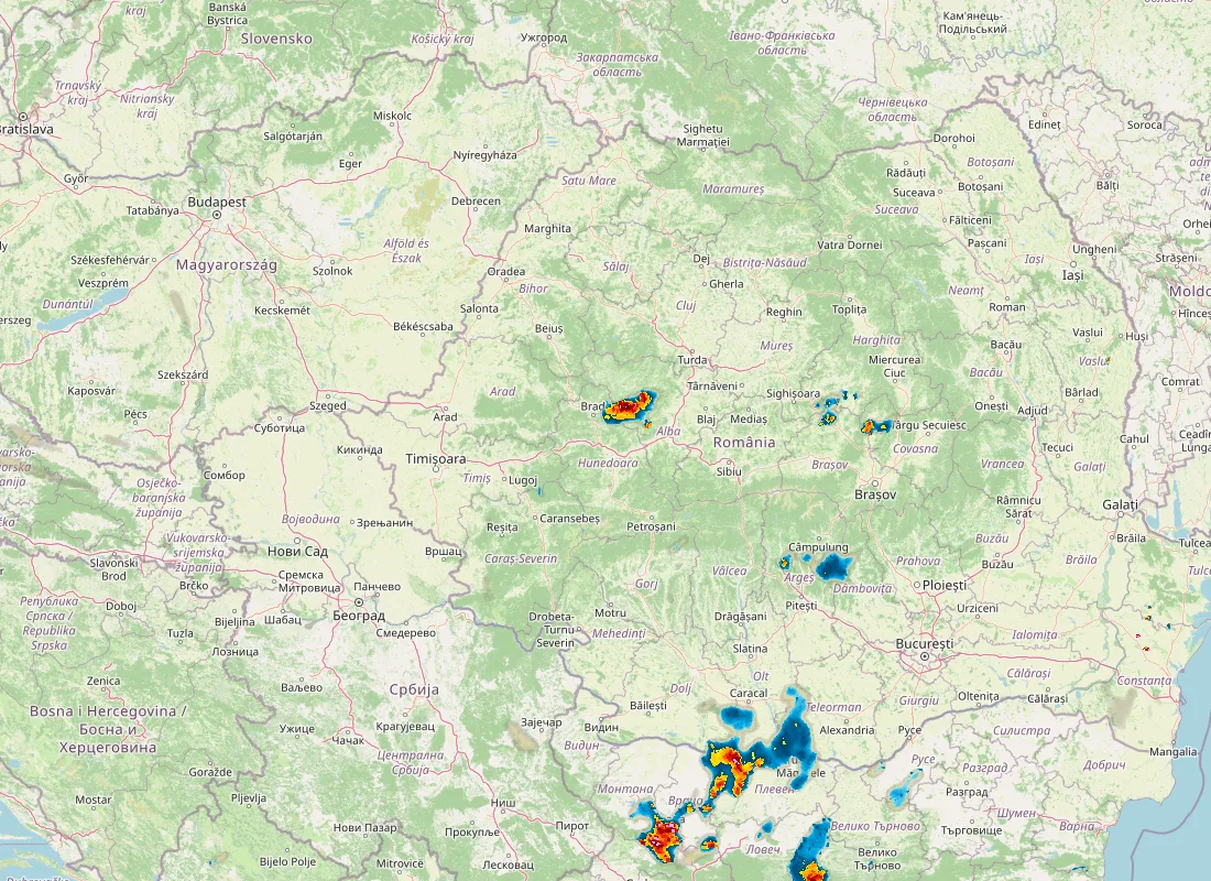 Hartă radar RainViewer cu precipitațiile din România pentru buletinul Meteo agricol România de la ora 21:00.