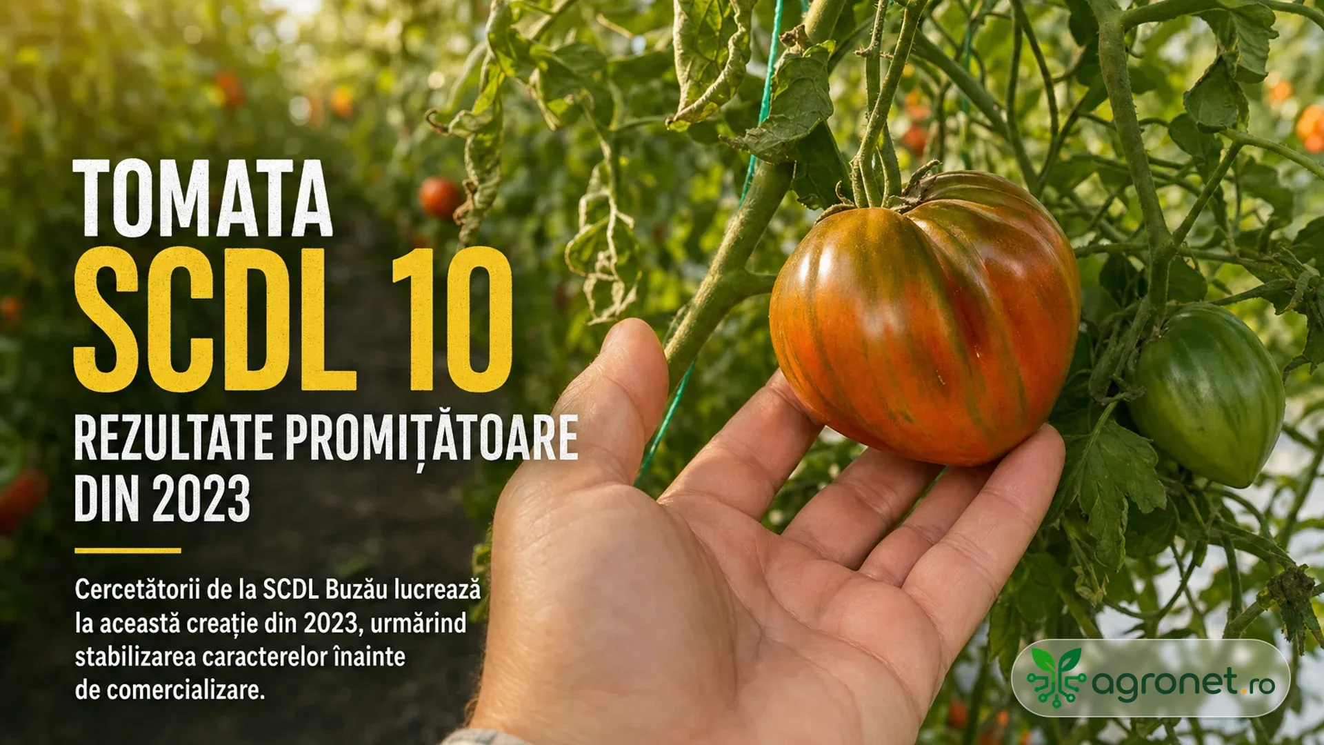 O mână susține o tomată mare, striată, aflată pe plantă, într-o cultură de tomate.