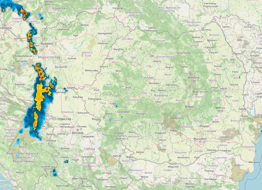Hartă radar RainViewer cu precipitațiile din România pentru buletinul Meteo agricol România de la ora 21:00.