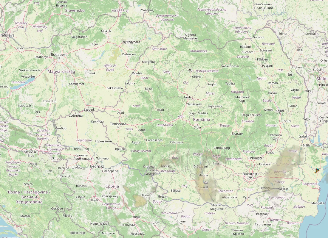 Hartă radar RainViewer cu precipitațiile din România pentru buletinul Meteo agricol România de la ora 21:00.