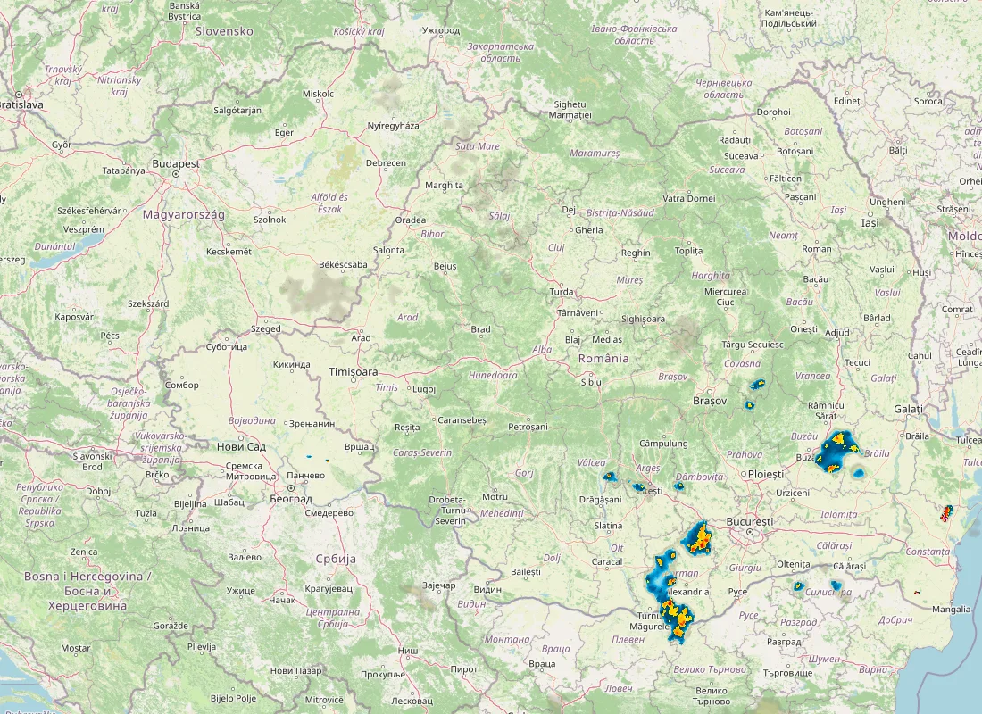 Hartă radar RainViewer cu precipitațiile din România pentru buletinul Meteo agricol România de la ora 05:00.