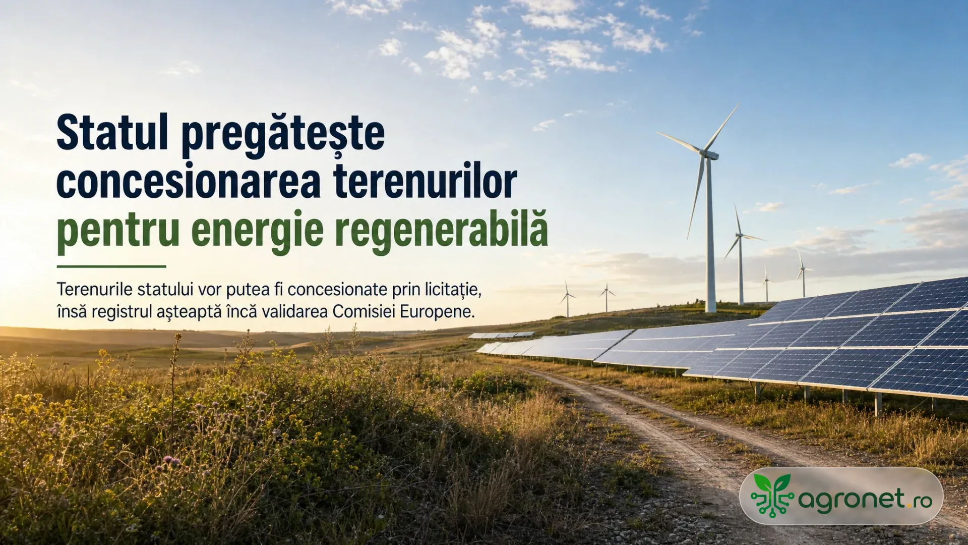 Panouri solare și turbine eoliene amplasate pe un teren deschis, lângă un drum de pământ.