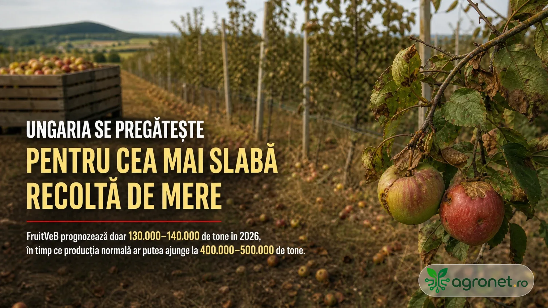 Meri cu fructe pe ramuri și mere căzute pe sol, lângă lăzi de recoltare într-o livadă.
