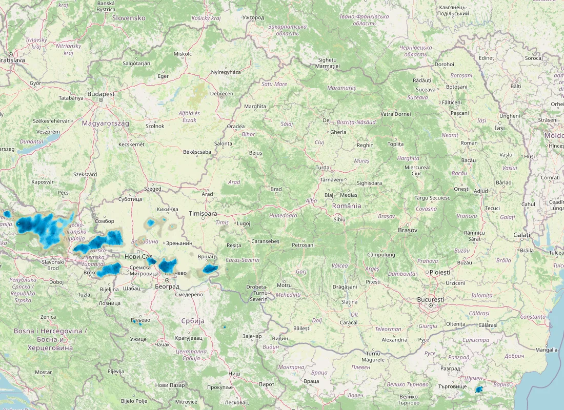 Hartă radar RainViewer cu precipitațiile din România pentru buletinul Meteo agricol România de la ora 05:00.