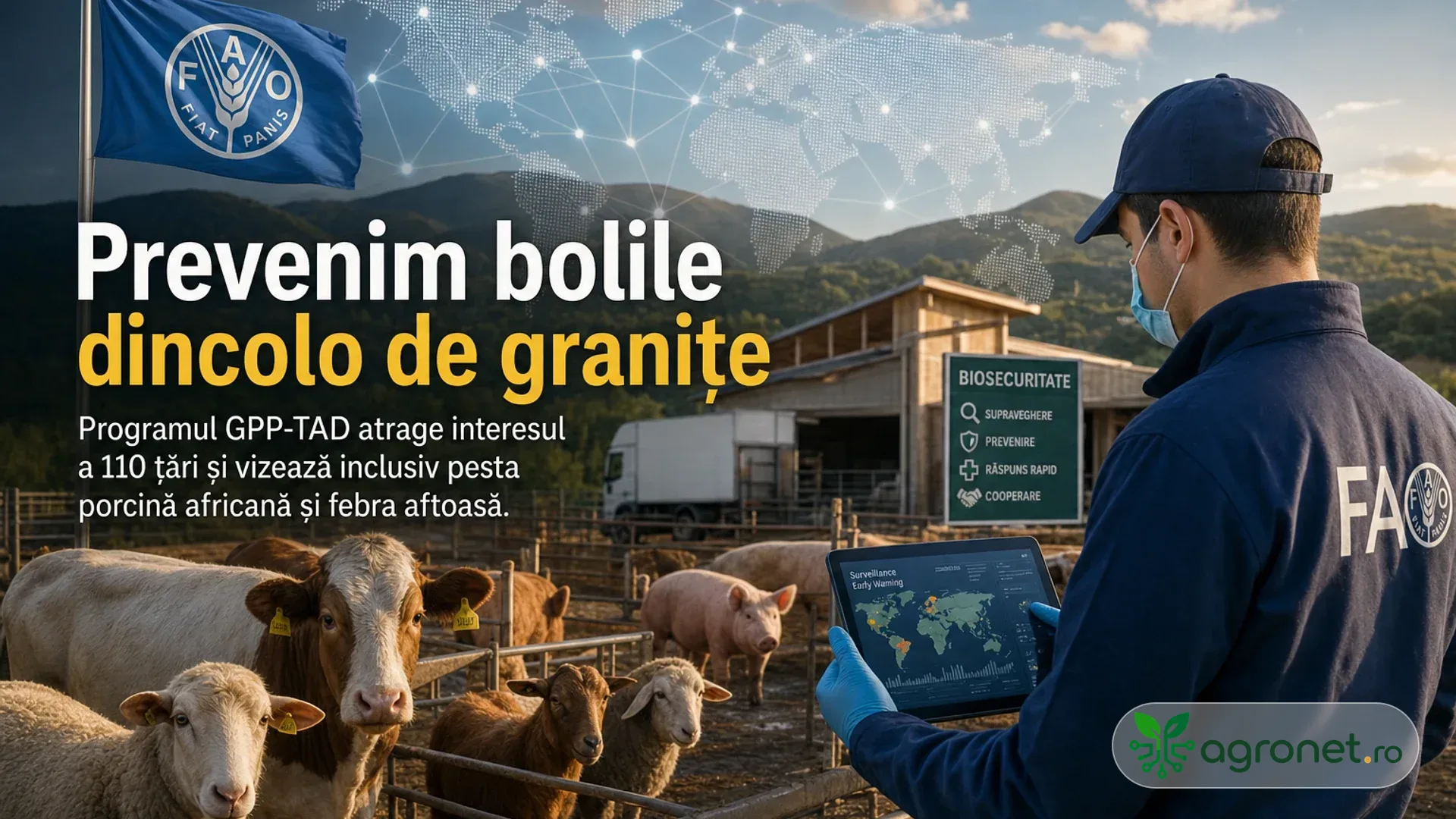 Lucrător sanitar-veterinar cu tabletă lângă bovine, ovine și porc într-o fermă, cu steag FAO și hartă digitală suprapusă.