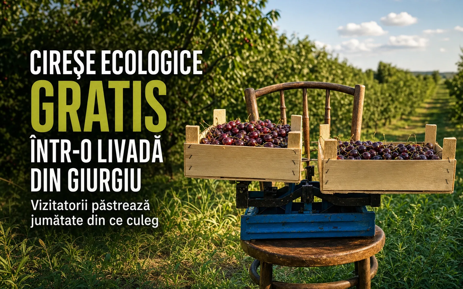 Cireșe ecologice gratis într-o livadă din Giurgiu, vizitatorii păstrează jumătate din ce culeg