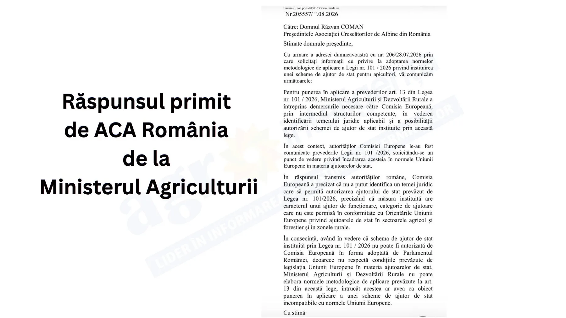 Document cu răspunsul Ministerului Agriculturii pentru ACA România