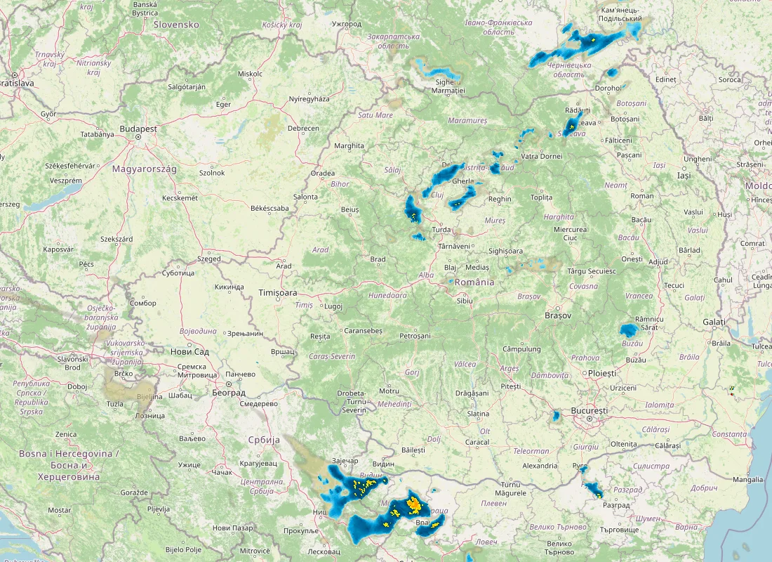 Hartă radar RainViewer cu precipitațiile din România pentru buletinul Meteo agricol România de la ora 21:00.