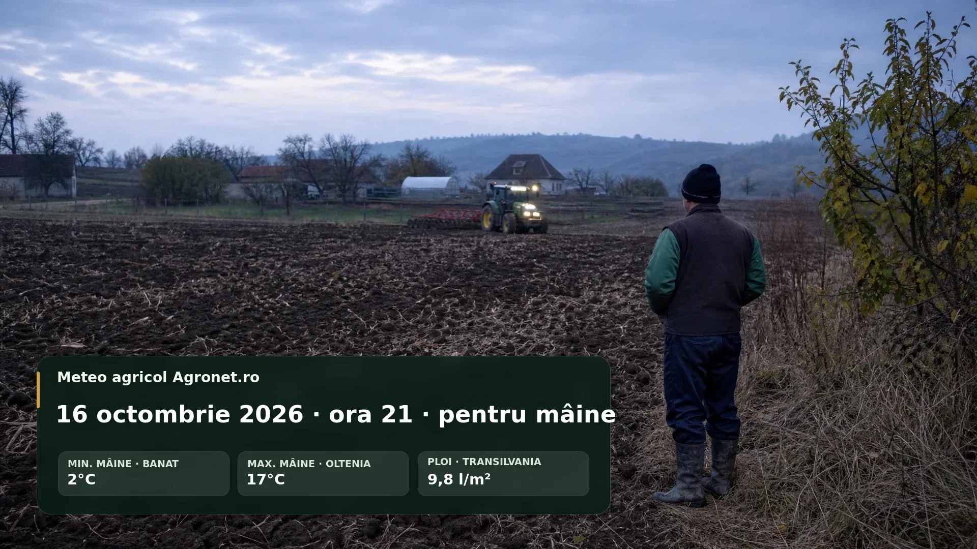 Utilaj agricol pregătit pentru lucrări de toamnă pe un câmp din România, sub cer noros