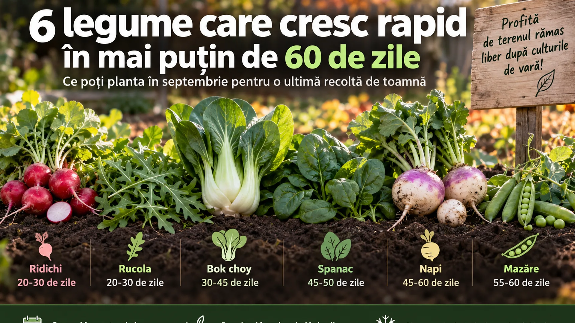 Ridichi, rucola, bok choy, spanac, napi și păstăi de mazăre așezate pe sol într-o grădină de toamnă.