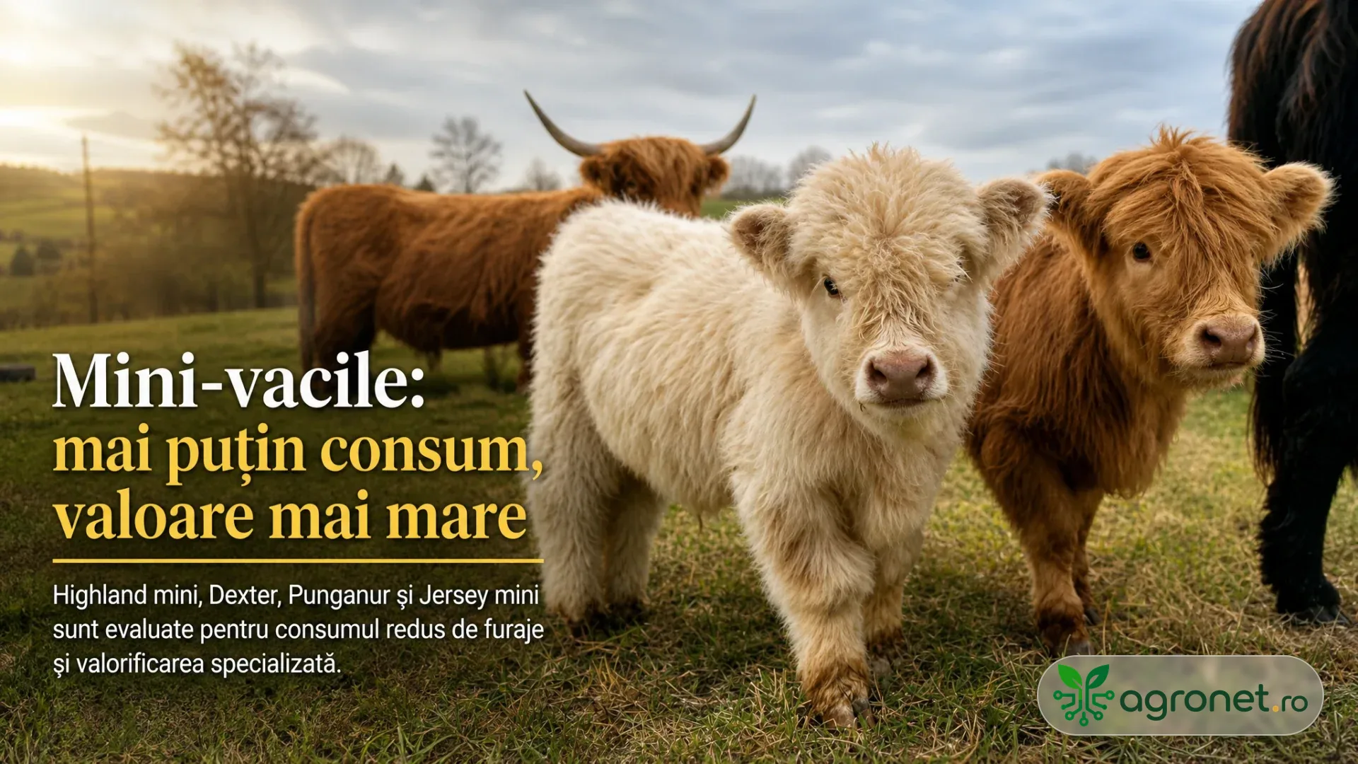 Mai multe bovine de talie mică, cu blană lungă, stau pe o pășune la apus.