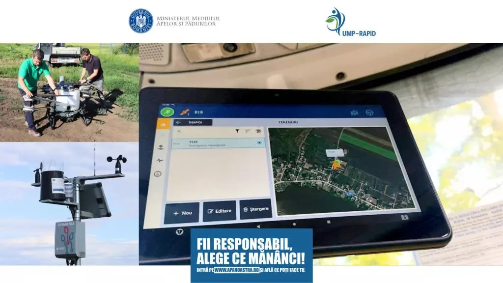 Tabletă cu hartă, dronă agricolă și stație meteo pentru monitorizarea culturilor