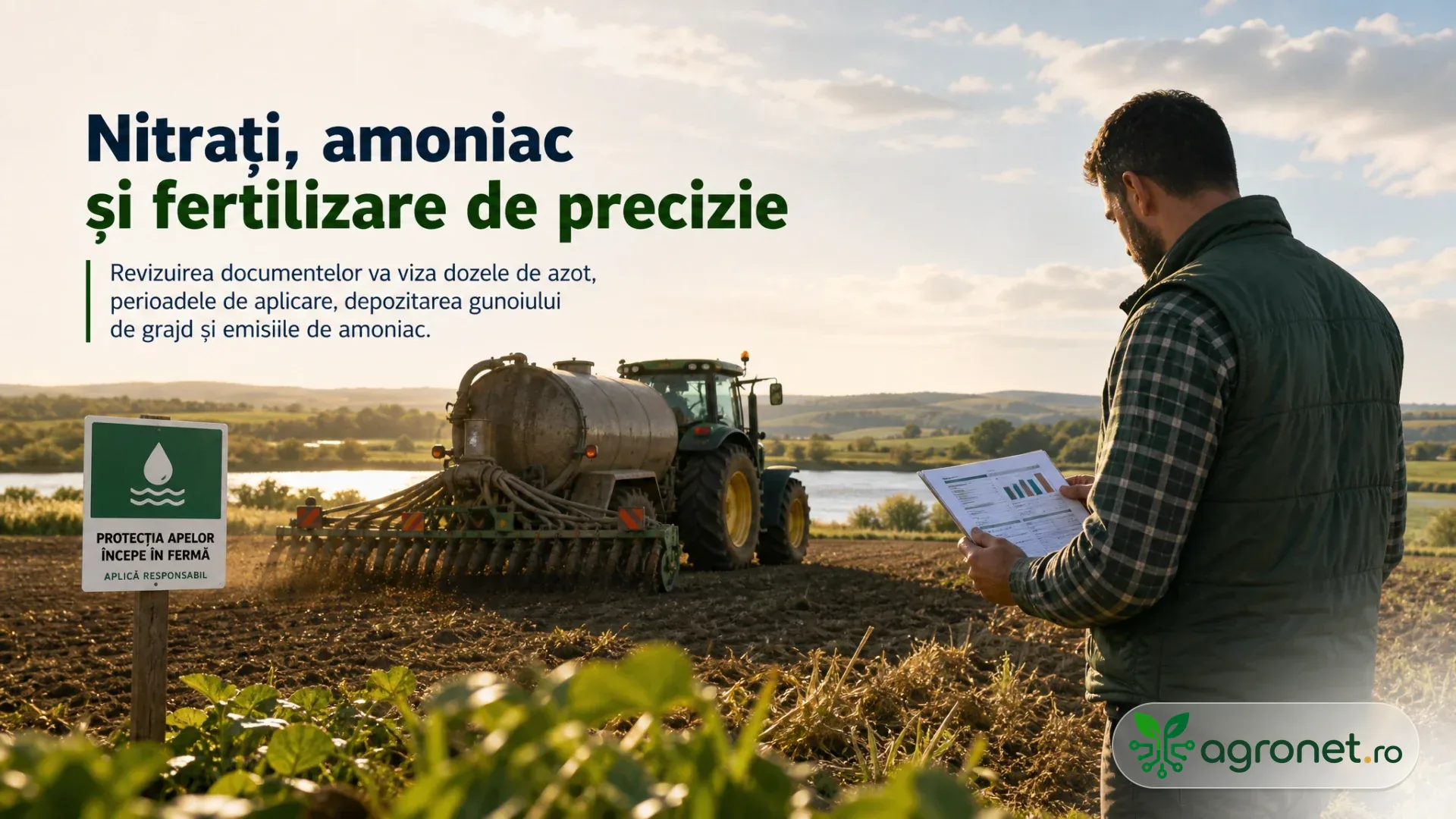 Fermier care verifică documente pe un teren agricol, lângă un tractor cu cisternă și o zonă de apă.