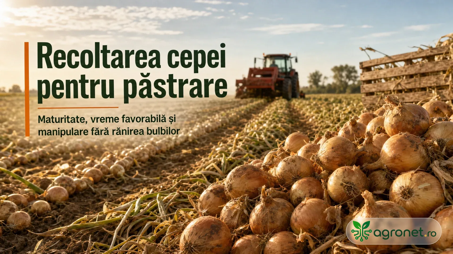 Bulbi de ceapă întinși pe rânduri în câmp, cu un tractor și lăzi agricole în fundal.