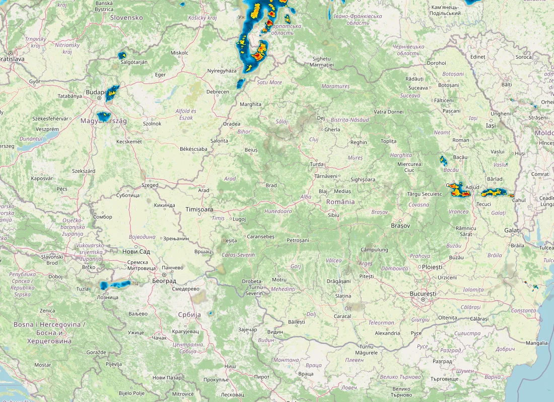 Hartă radar RainViewer cu precipitațiile din România pentru buletinul Meteo agricol România de la ora 05:00.