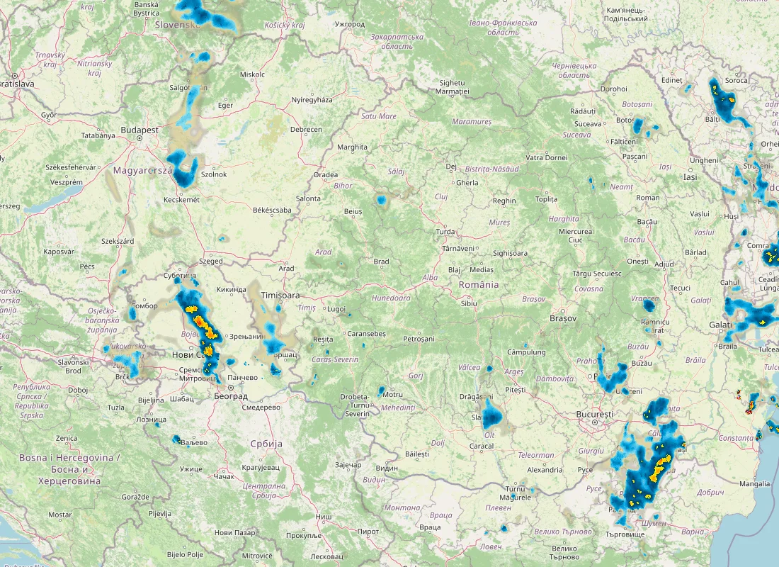 Hartă radar RainViewer cu precipitațiile din România pentru buletinul Meteo agricol România de la ora 05:00.