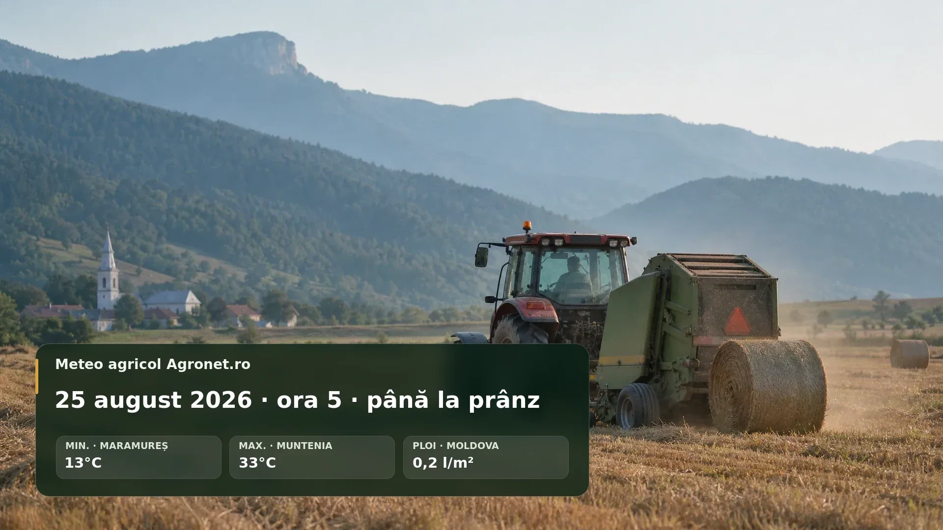 Utilaj agricol lucrând dimineața pe un câmp, înainte de creșterea temperaturii