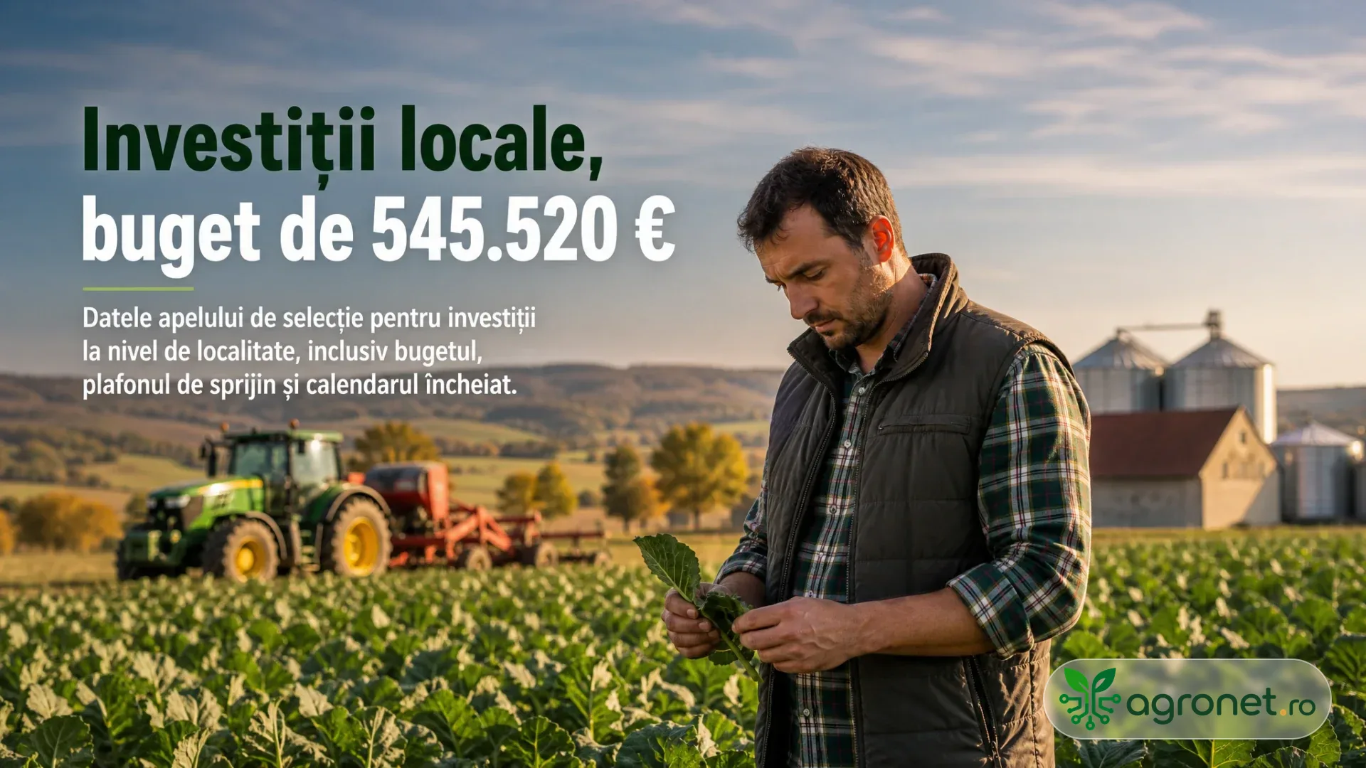 Fermier analizând o cultură agricolă pe un teren dintr-o localitate rurală
