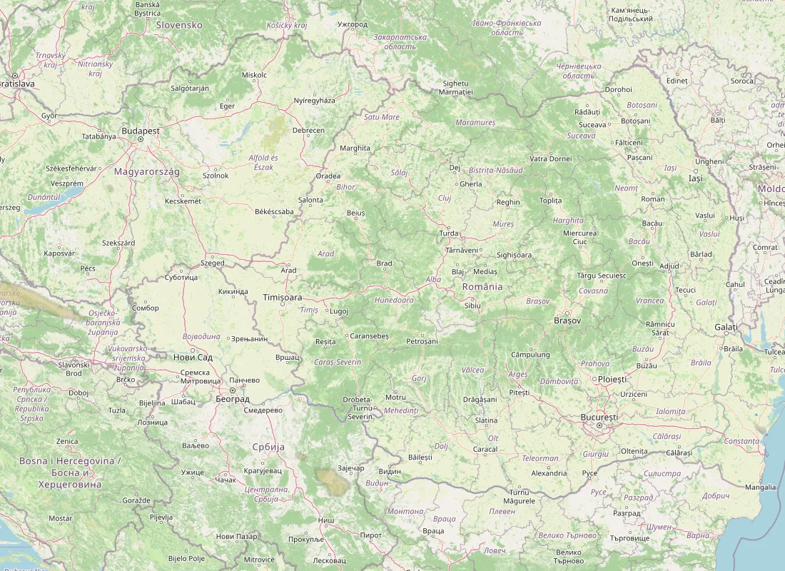 Hartă radar RainViewer cu precipitațiile din România pentru buletinul Meteo agricol România de la ora 21:00.