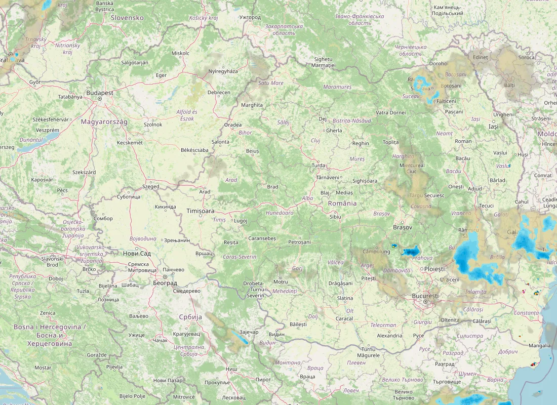Hartă radar RainViewer cu precipitațiile din România pentru buletinul Meteo agricol România de la ora 21:00.
