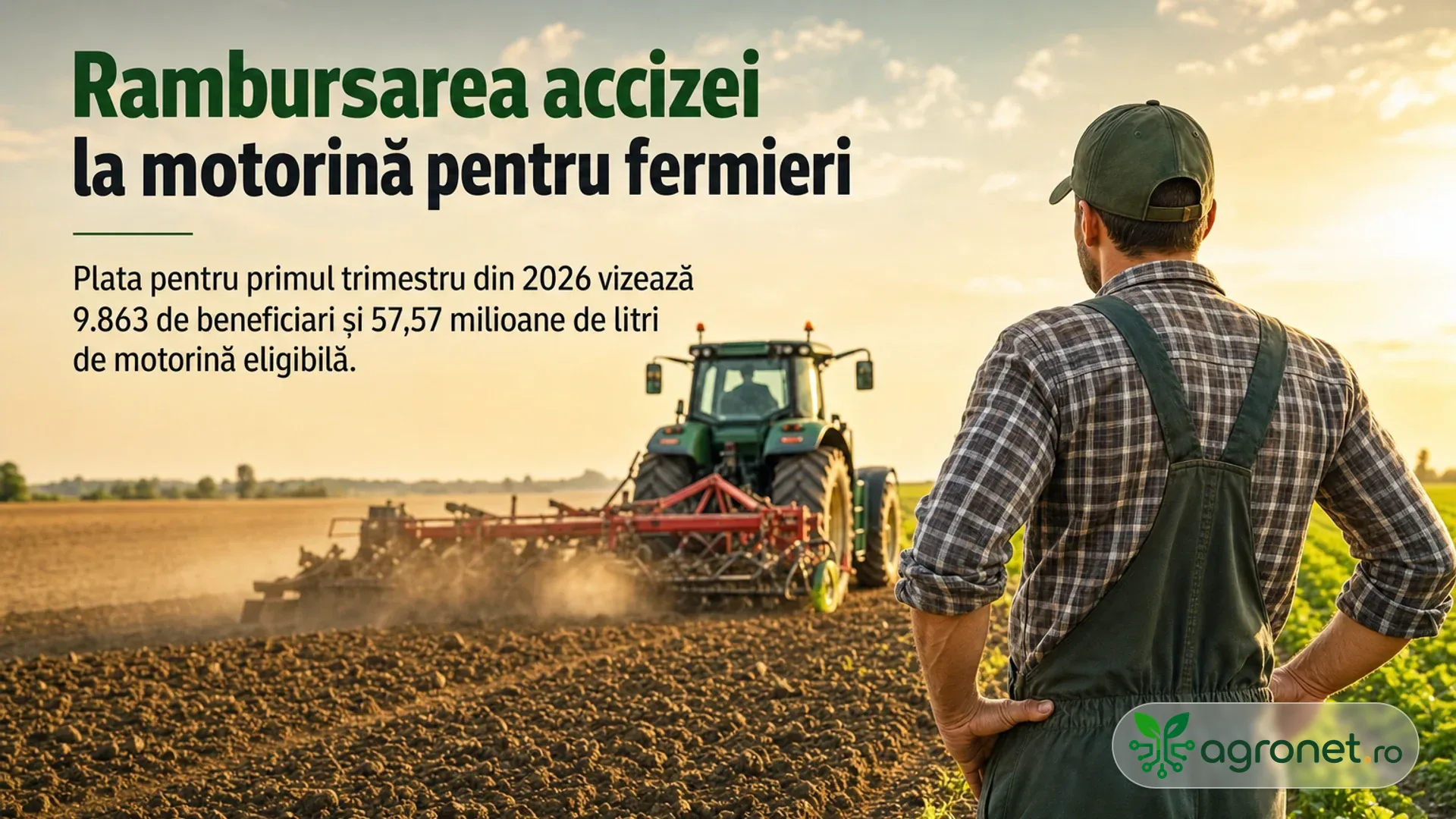 Fermier văzut din spate privește un tractor care lucrează un teren agricol la apus.