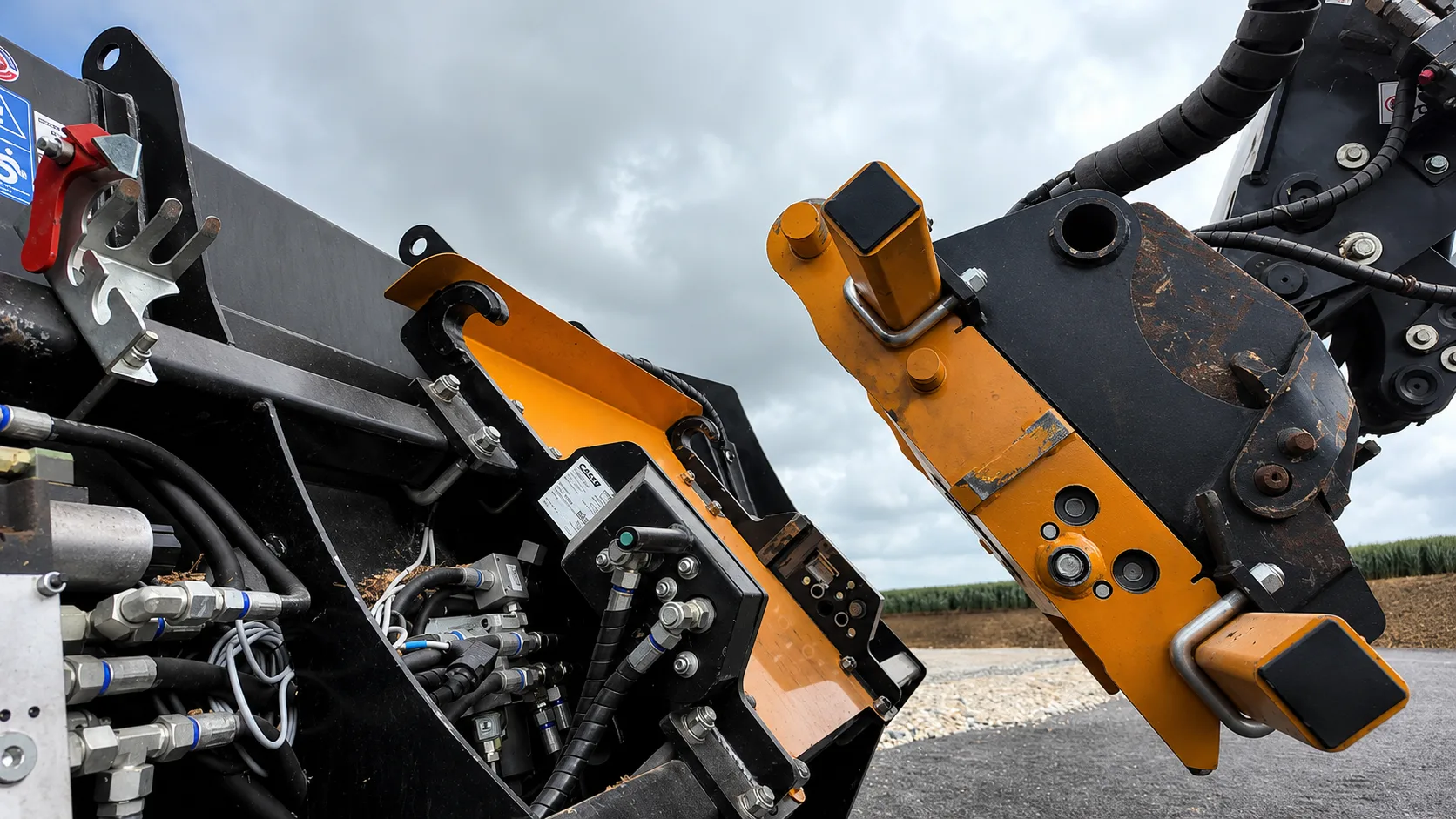 Detaliu cuplaj hidraulic automat între încărcător și accesoriu agricol